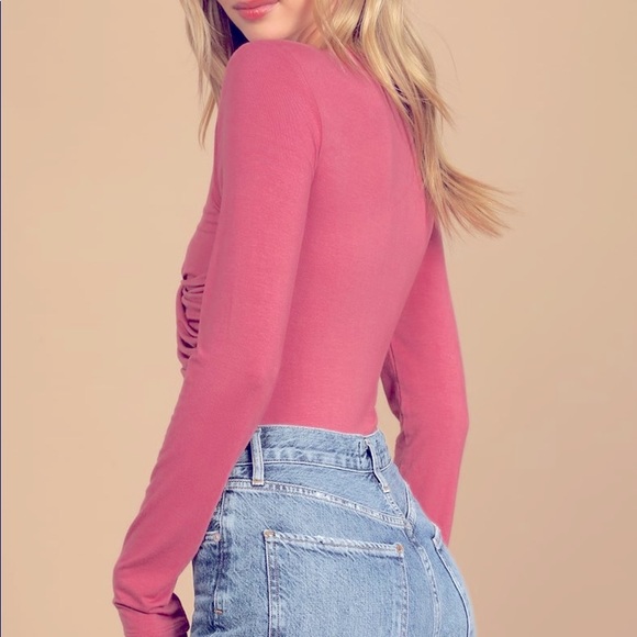 NWT STUNNING LULU’S Faux Wrap Stretchy Jersey  Puffy Sleeve Bodysuit MAU… - Picture 5 of 14